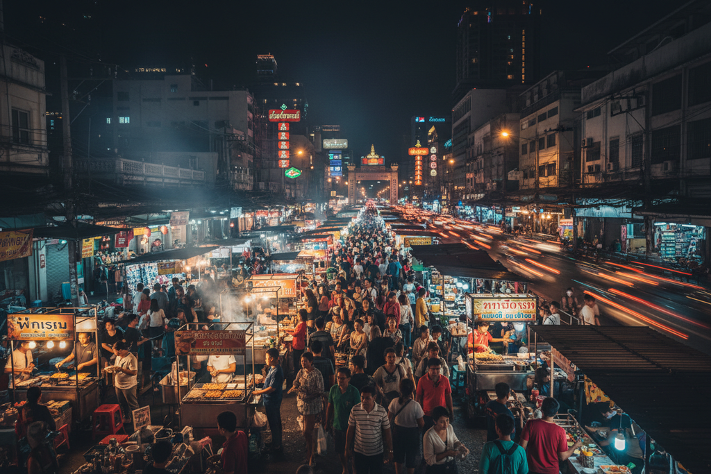 Bangkok night market Thailand, vibrant street shopping scene, neon lights, street food stalls, lively nightlife, famous tourist area, cinematic urban travel photography, ultra detailed 4k
