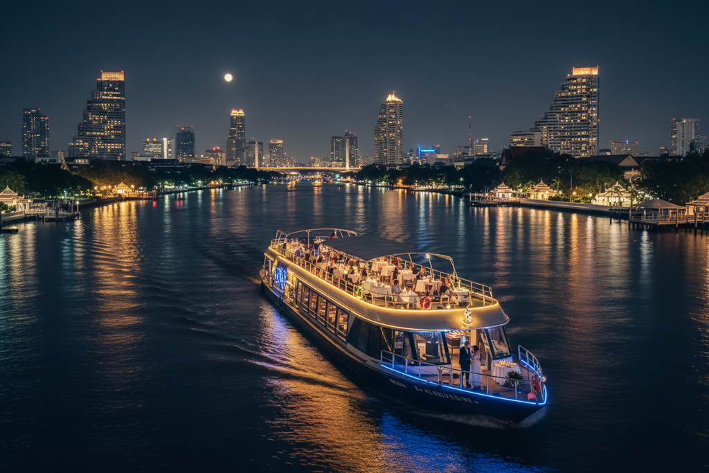 Luxury Chao Phraya river cruise Bangkok at night, city lights reflection, romantic Thailand vacation, modern cruise boat, cinematic lighting, professional travel agency image, ultra HD 4k
