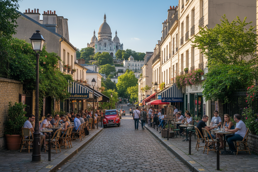 Montmartre Paris street view, Sacré-Cœur Basilica on hill, artistic European neighborhood, charming cafes, romantic travel vibes, natural daylight, ultra realistic photography, high resolution 4k
