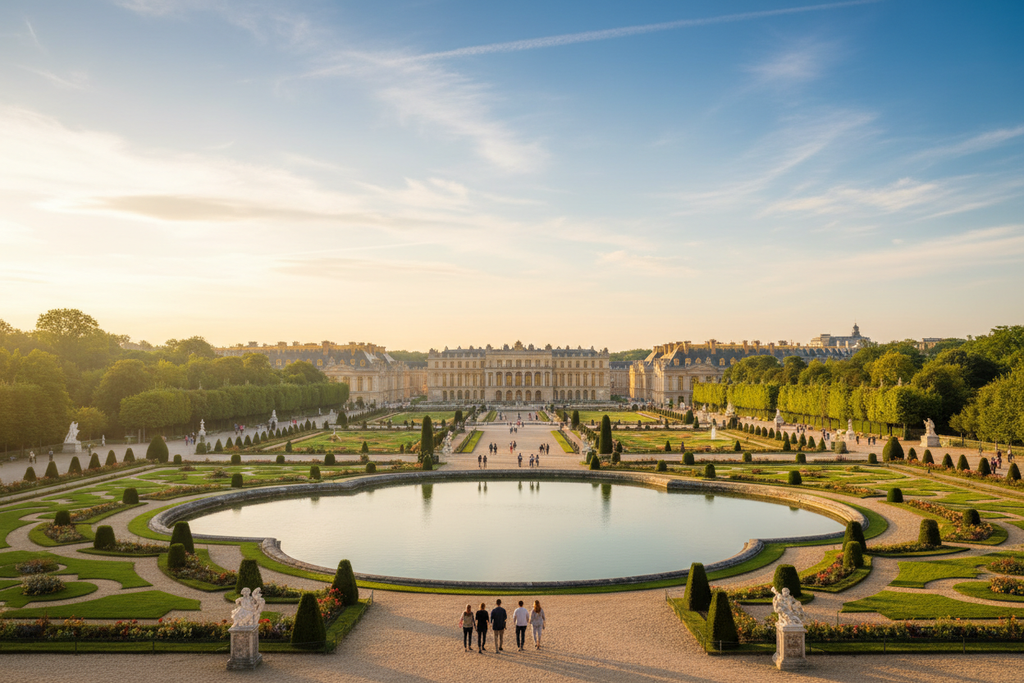 Palace of Versailles Paris, royal French palace gardens, luxury Europe travel destination, symmetrical garden view, cinematic sunlight, ultra detailed 4k, professional tourism photography
