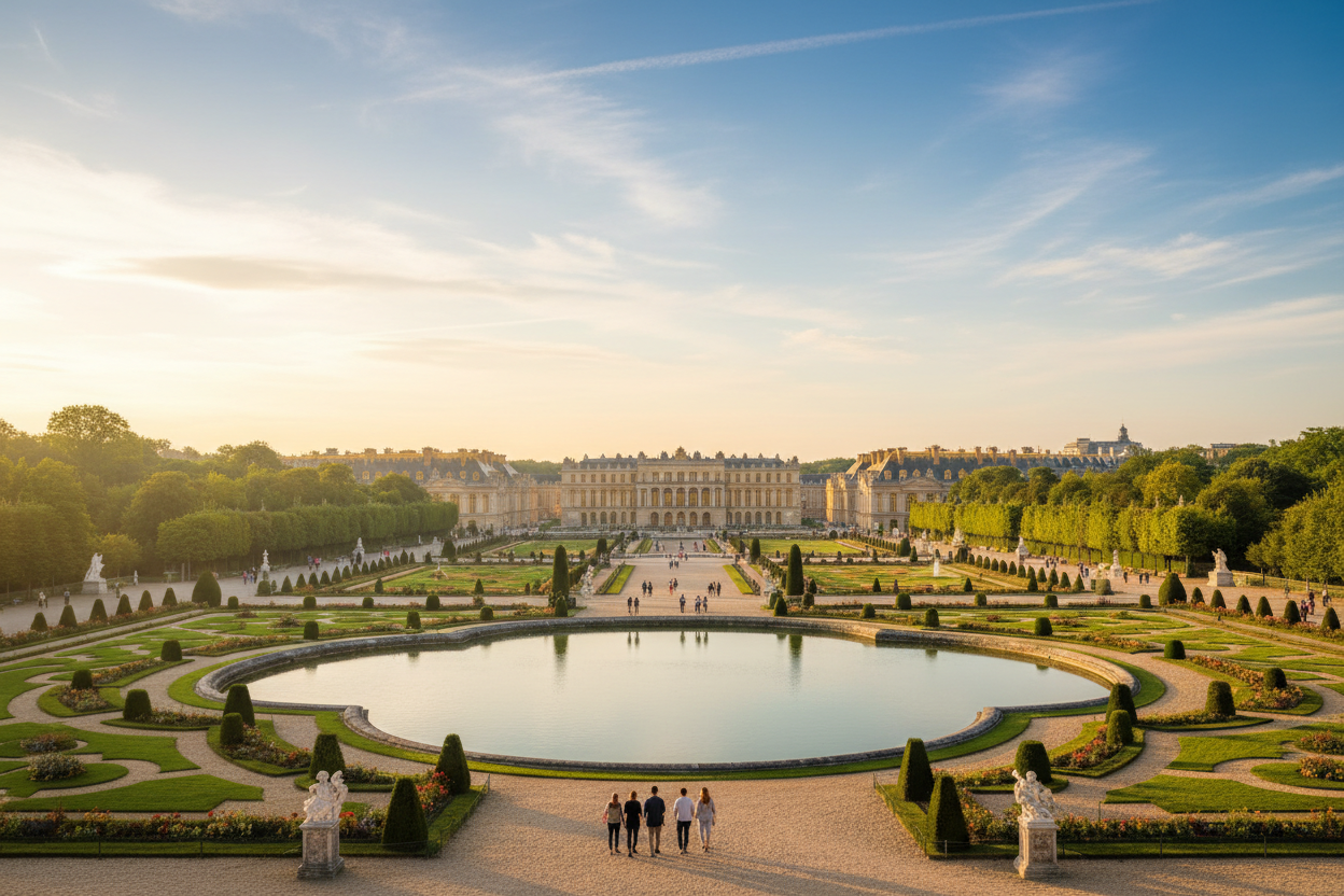 Palace of Versailles Paris, royal French palace gardens, luxury Europe travel destination, symmetrical garden view, cinematic sunlight, ultra detailed 4k, professional tourism photography
