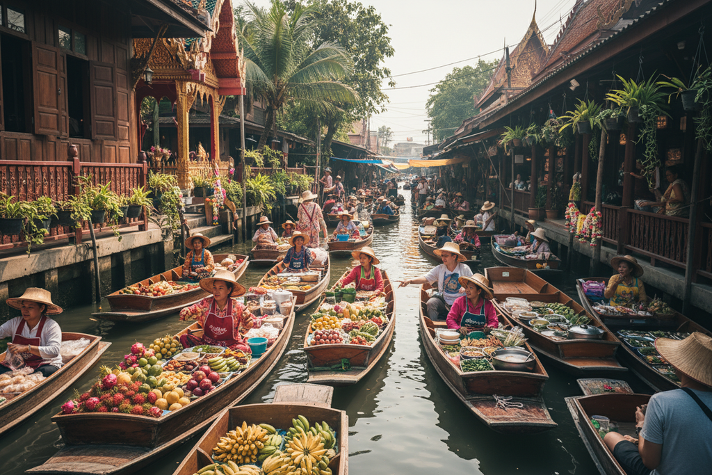 Traditional floating market Bangkok Thailand, wooden boats with fruits and street food, colorful Thai culture, tourists shopping on boats, daylight, ultra realistic photography, professional tourism image, 4k resolution
