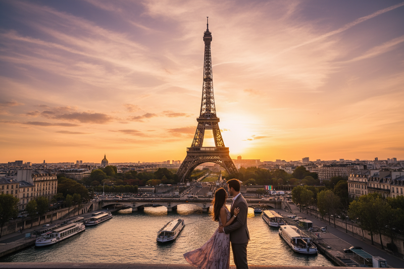 Ultra realistic Paris travel photography, Eiffel Tower at sunset, romantic city of Paris, luxury Europe vacation, cinematic lighting, golden hour sky, high resolution 4k, professional travel website hero image, romantic couple friendly, tourism promotion, no text, no watermark
