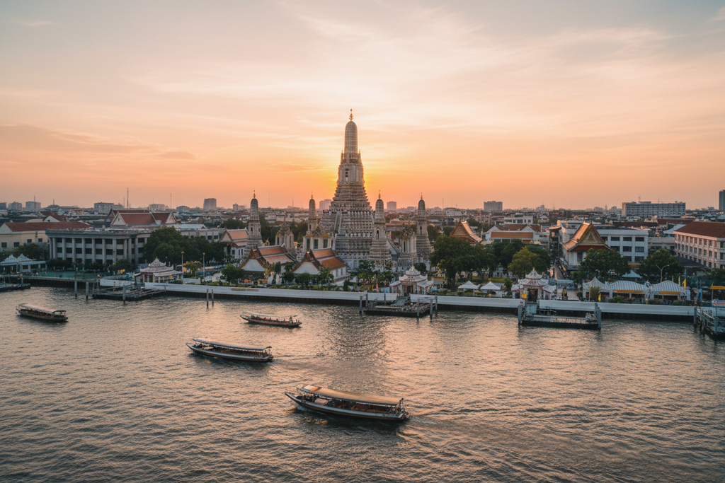 Wat Arun Bangkok temple riverside, iconic Thailand landmark, sunrise lighting, Chao Phraya river view, detailed temple architecture, cinematic travel photography, high resolution 4k, SEO friendly tourism image
